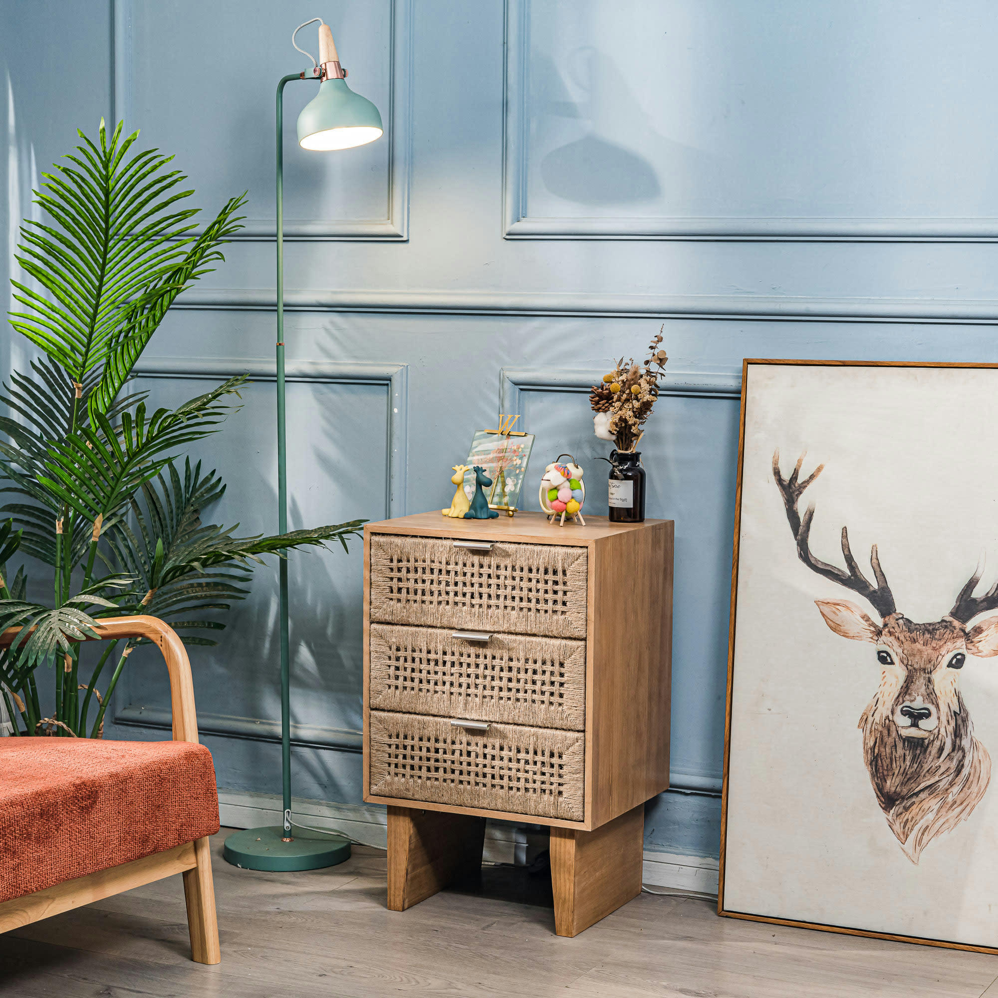 - Chiffonnier 3 tiroirs en bois et corde naturelle