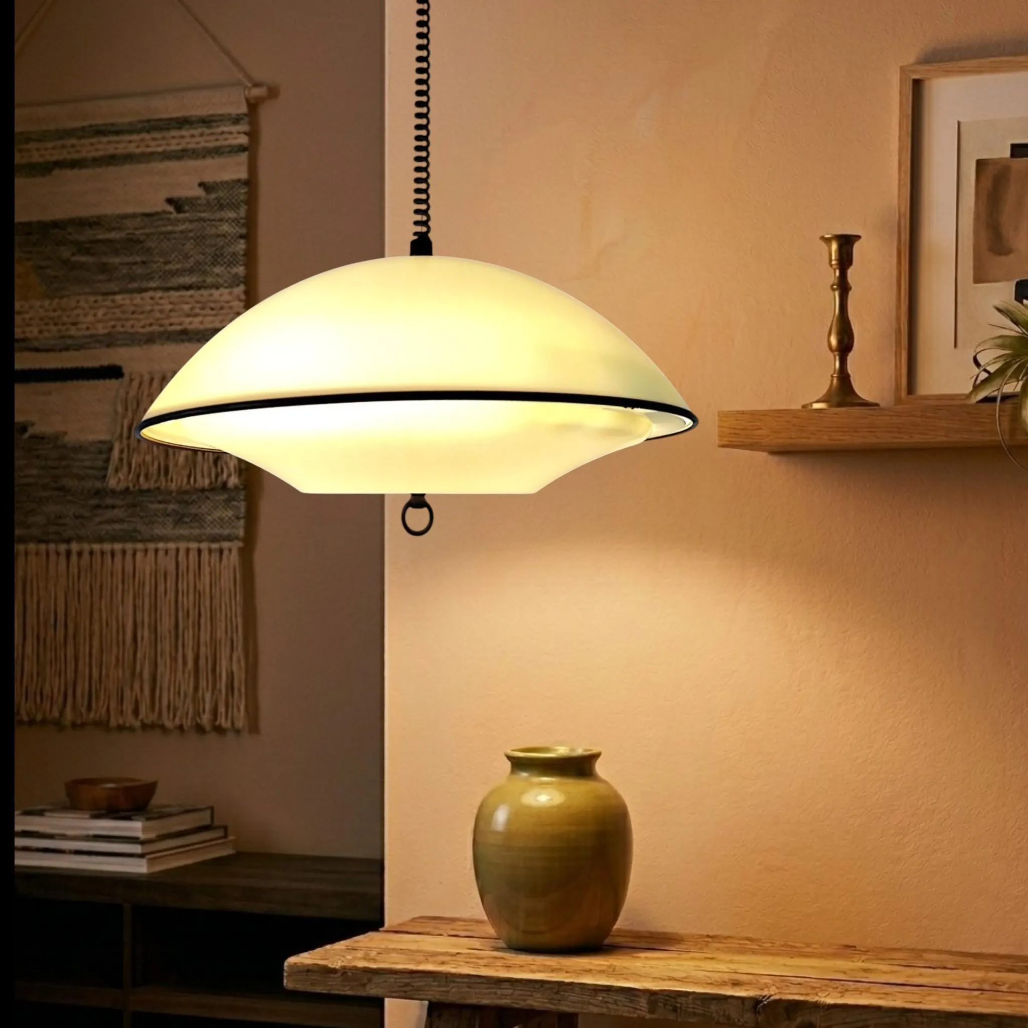 Vintage Italian UFO Pendant Lamp, Mid Century Modern Light with Pulldown Mechanism