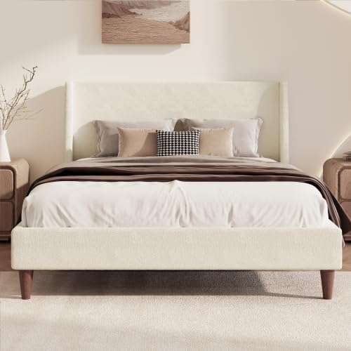 Upholstered Bed Frame King Size, 43 Tall Headboard Wingback Upholstered Platform Beds Bedframe for Kids Teens Adults Bedroom Strong Wood Slats Support No Box Spring Needed, Ivory Boucle