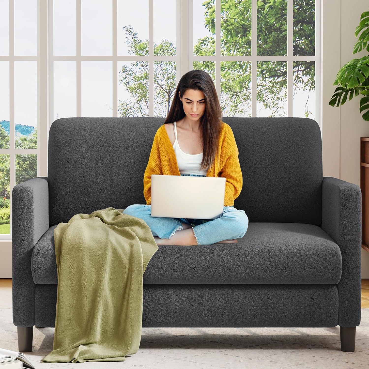 Welzona Loveseat, 51 Small Couch, Comfy Teddy Love Seat for Living Room, Tool-Free Setup Loveseat Sofa for Small Spaces, All-Wood Small Sofa Couch for Bedroom, No Pillow Included, Grey
