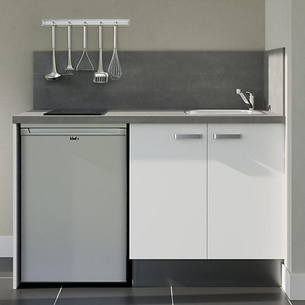 Kitchenette K17 façades Blanc - Plan de travail Gris béton - Crédences : Oui - Evier inox - Electroménager Inox inclus