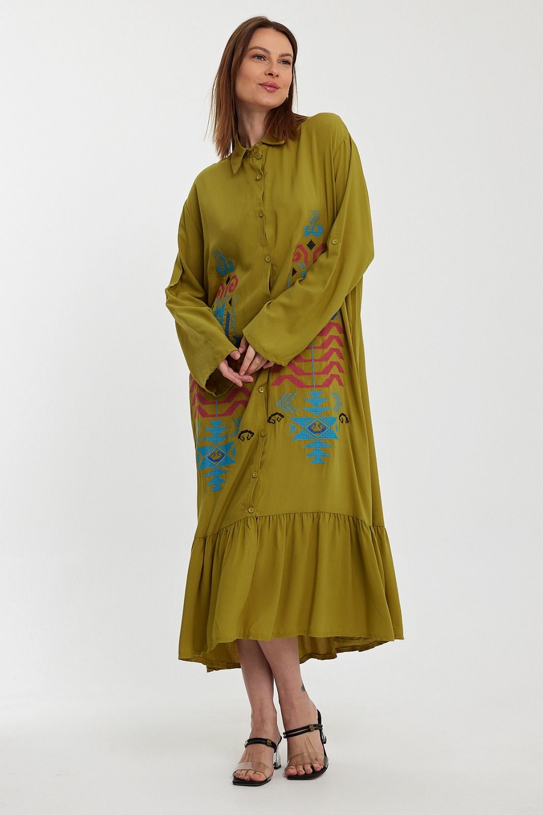 Belissh Embroidered Tiered Midi Dress with Button-Through Front in Mustard