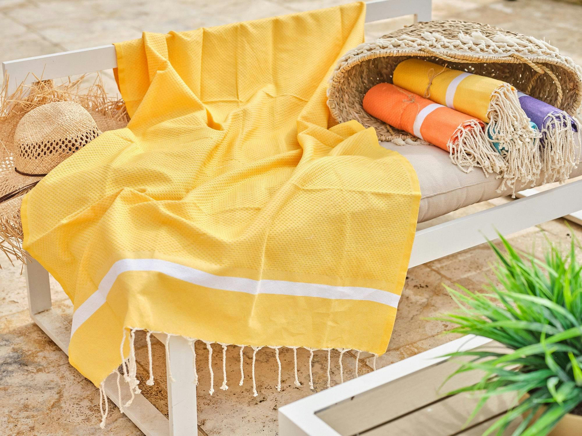 - Fouta en coton tissage nid d'abeille 100x200cm jaune