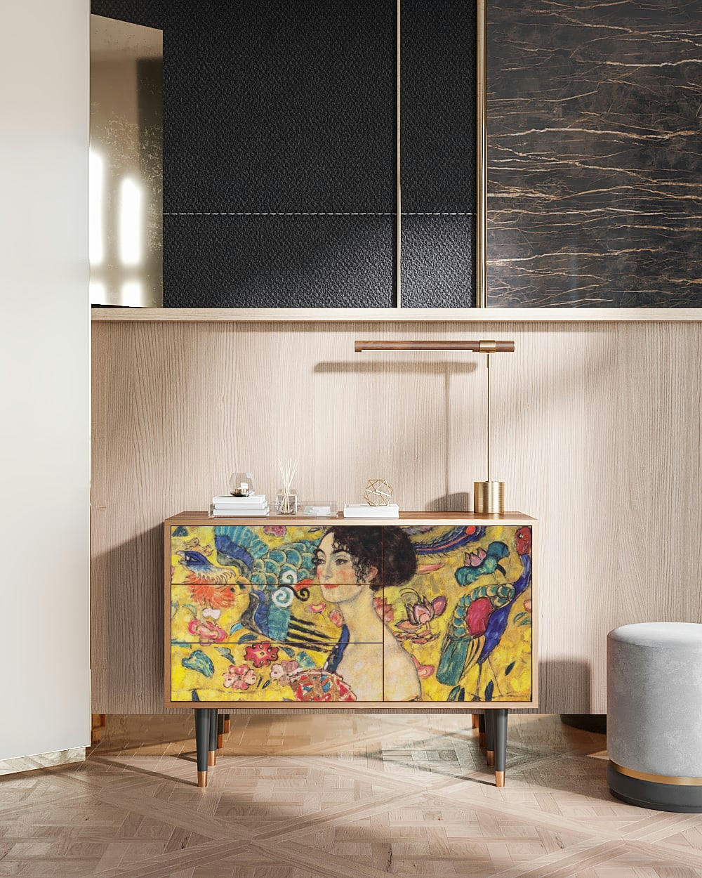 LADY WITH FAN BY GUSTAV KLIMT - Buffet  jaune 3 tiroirs et 1 porte L 115 cm