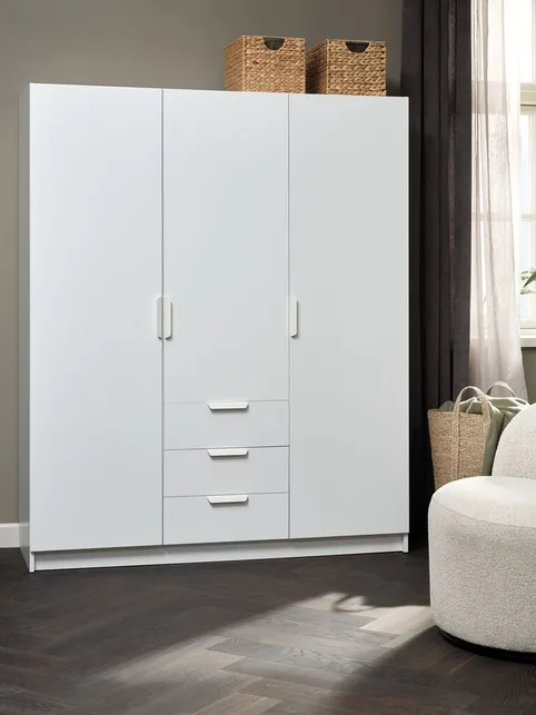 Garderobeskab JENSLEV 144x176 3 låger 3 skuffer hvid