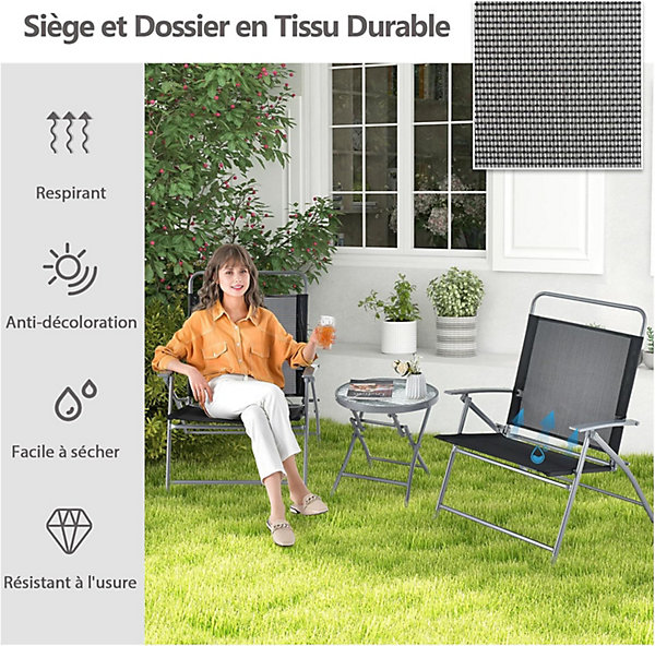 3 PCS Salon de Jardin Pliable 2 Chaises en Textilène 1 Table Basse en Verre Trempé Cadre Métallique pour Jardin Terrasse Noir