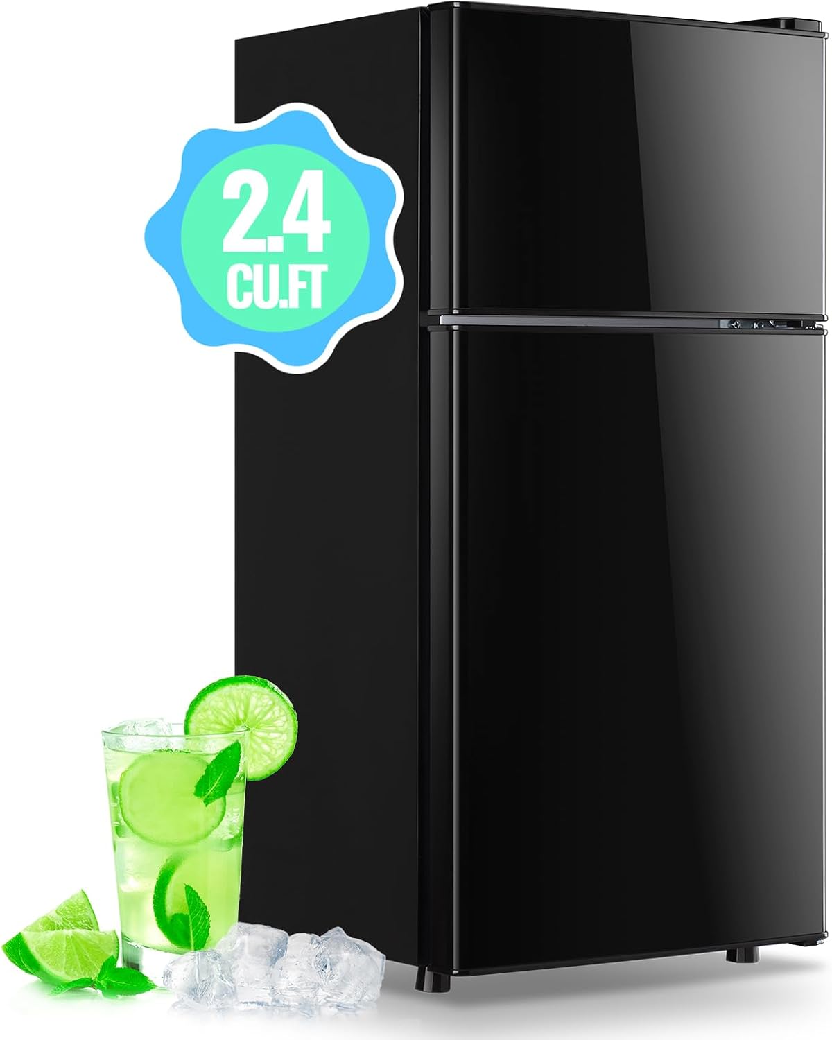 DEMULLER 2.4 Cu.Ft Mini Fridge with Freezer & Double Door Small Tiny Size Refrigerator with 7 Temperature Control Knob Only Suitable for One Person Use Black