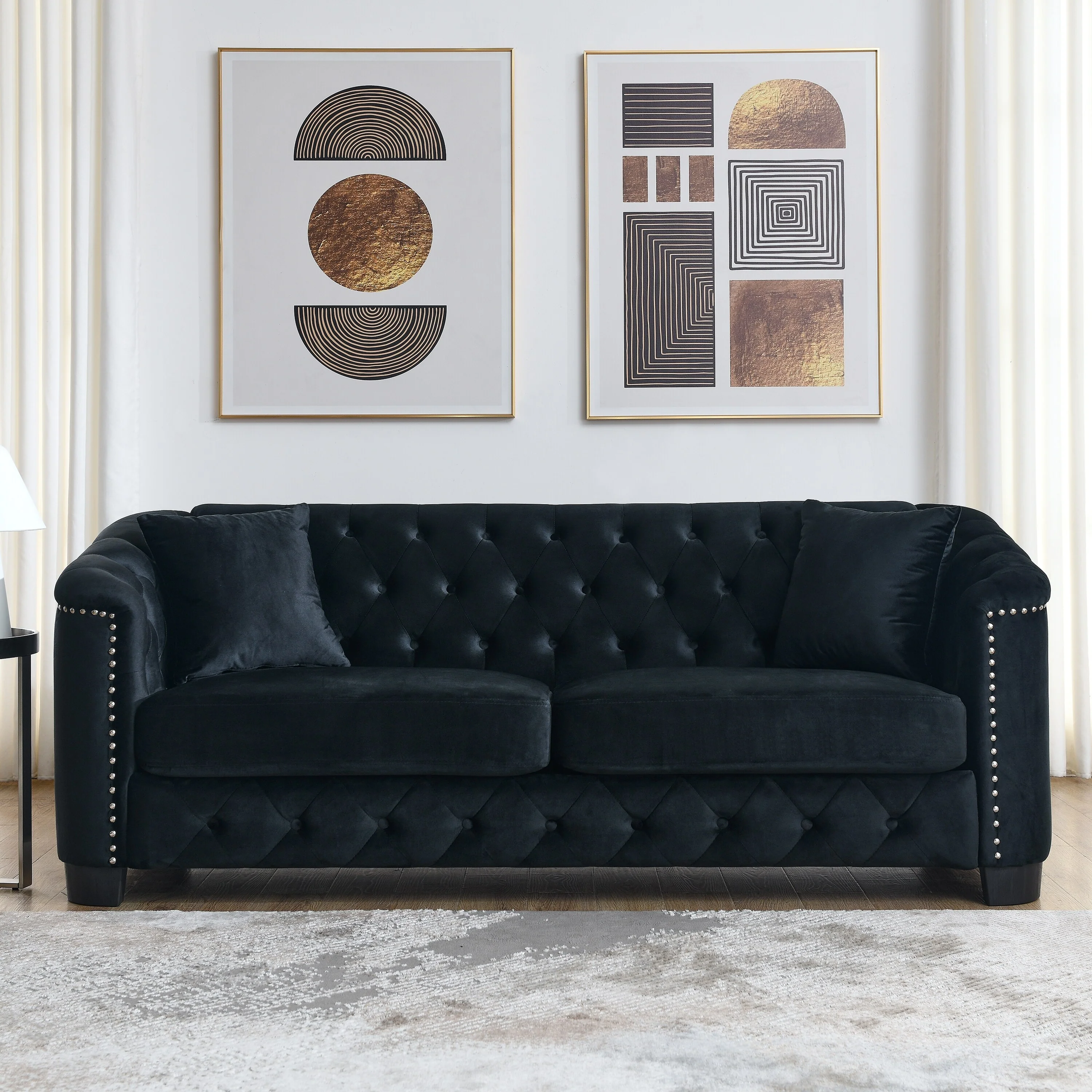 Black 77'' Modern Velvet 3-Seater Sofa with Tufted Backrests and Nailhead Trim