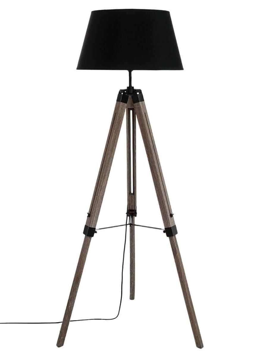 Lampa stojąca drewniana czarny abażur 145x65 cm industrialna