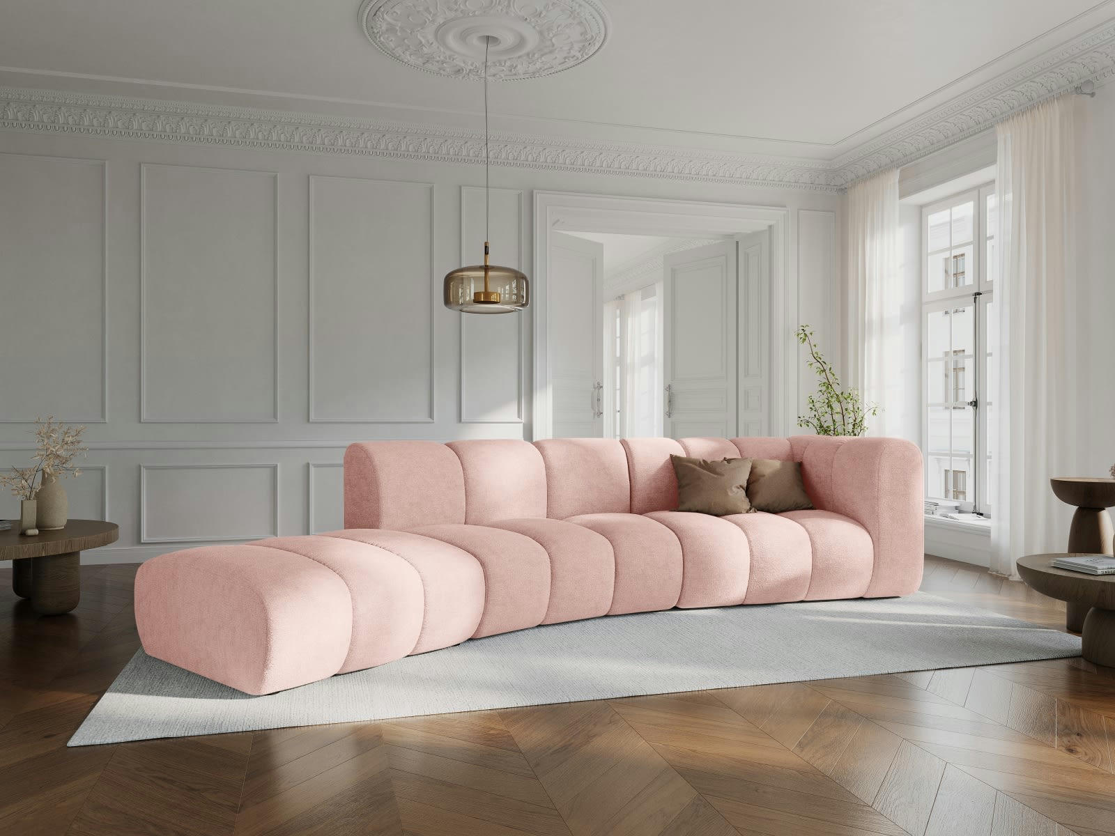 LUPINE - Canapé gauche 5 places en tissu chenille rose