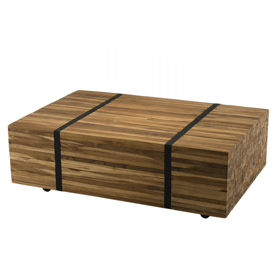 SUZY - Table basse avec roulettes en teck recyclé cerclée métal noir L110