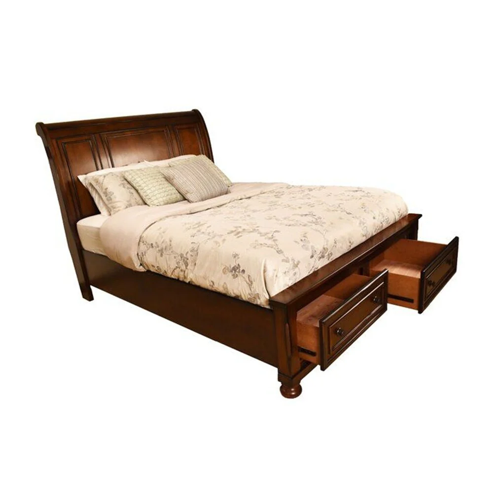 Walnut-Finish Sleigh Bed, Engineered Wood 4Pc King Bed With Storage In The Footboard, Dark