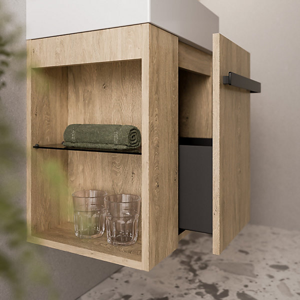 Meuble vasque lave-main Chêne miel 45x35x50cm (LxPxH) 1 tiroir   rangement gauche   poignée Noir mat - COMPACT450