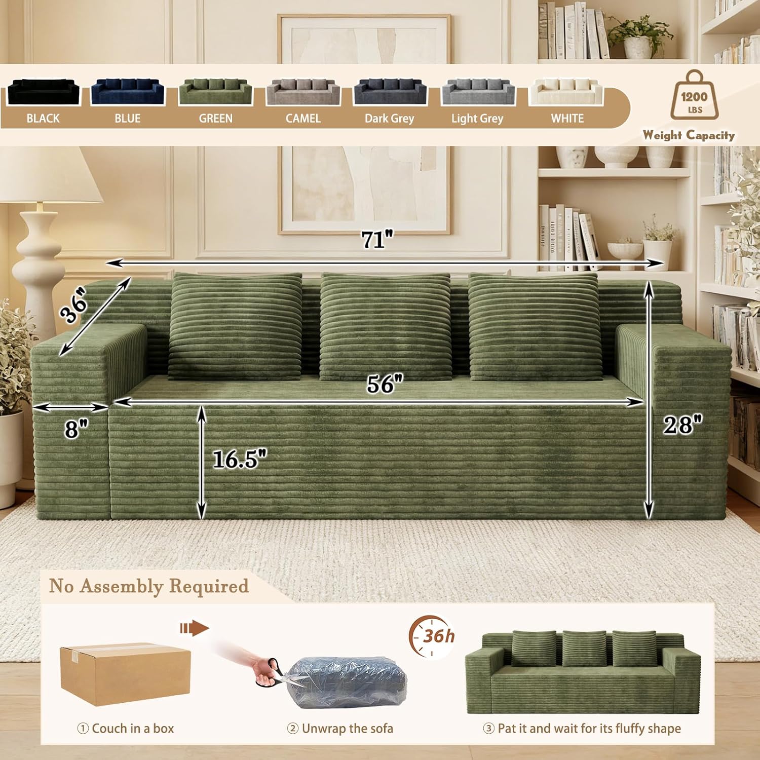 Kurhwyss 71 Corduroy Living Room Sofa, 3 Setaser Deep Seat Couch with 3 Lumbar Pillows, Comfy Boneless Sofa Modern Compressed Couch for Bedroom, Office, Apartment, No Assembly, Flat Armrests (Green)