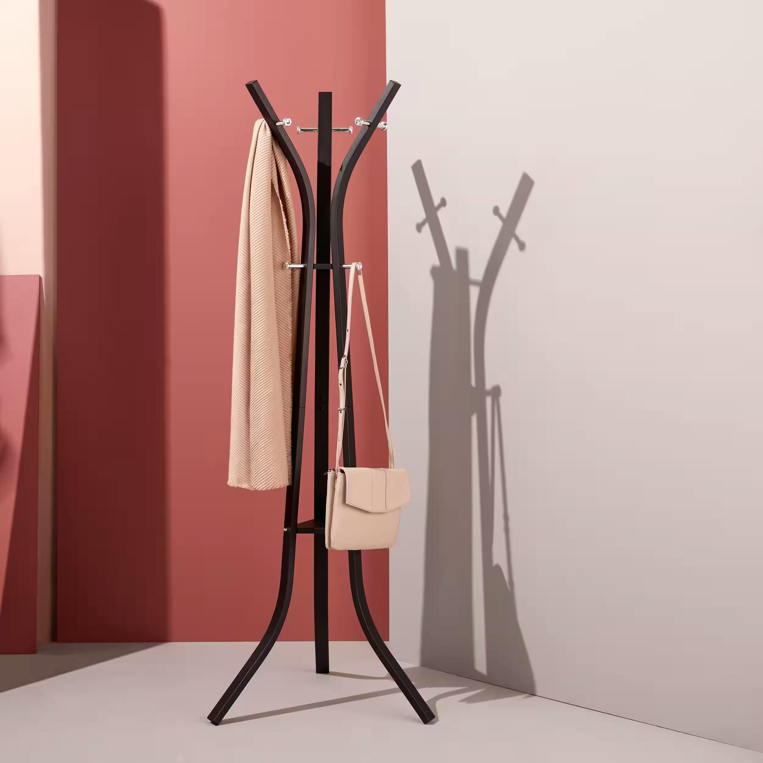 type A Perspective Metal Freestanding Coat Rack with 9 Hooks, Black
