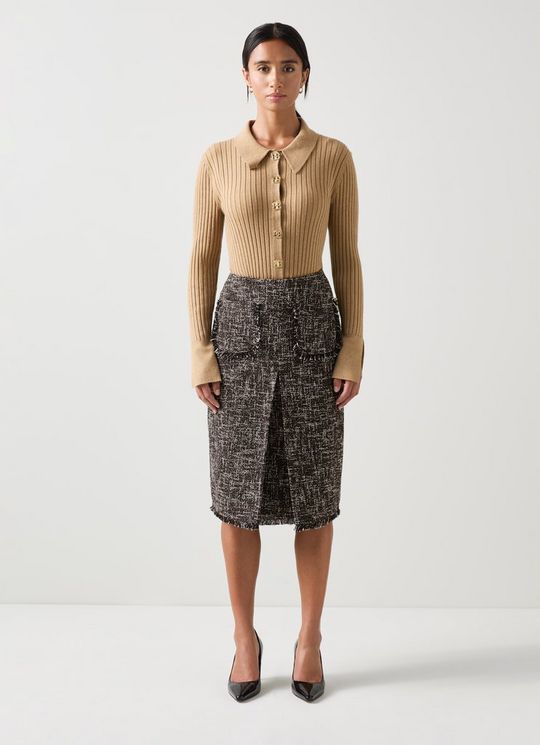 Gwen Petite Black And Red Tweed Midi Skirt