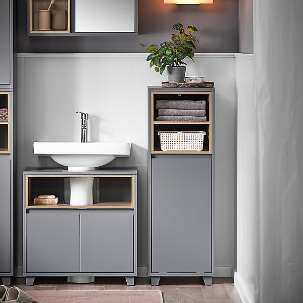 Meuble Bas de Salle de Bain, Demi-Colonne sur Pied, 1 Panier à Linge, BZR146-DG, SoBuy
