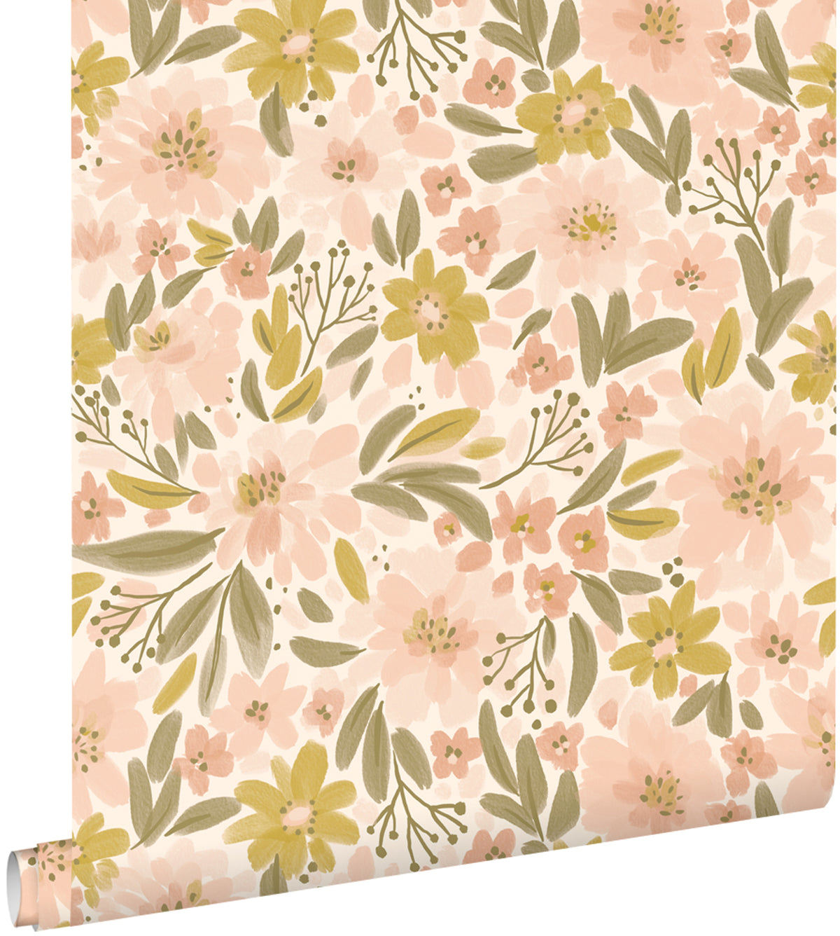 ESTAhome behang bloemen zacht roze, okergeel en vergrijsd groen - 50 x 900 cm - 130924