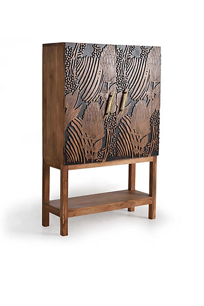 Armoire à bouteilles en bois d'acacia sculptée a main