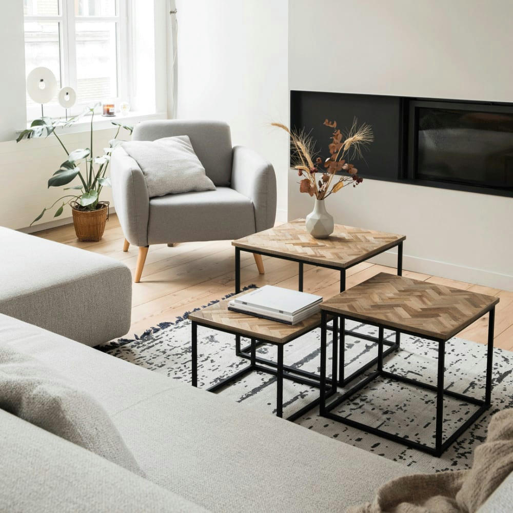 BOBOKAN - 3 tables basses gigognes carrées en métal et teck recyclé