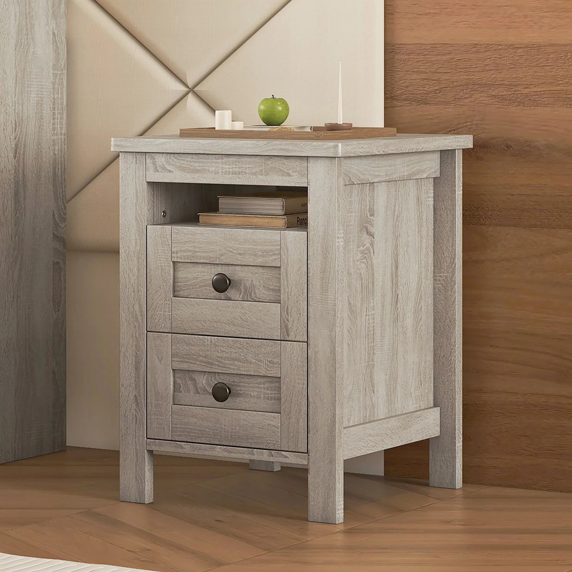 Farmhouse Nightstand with 2 Drawers Storage Cabinet for Bedroom, Livingroom Wooden Side Table with Built-in Open Shelf Storage