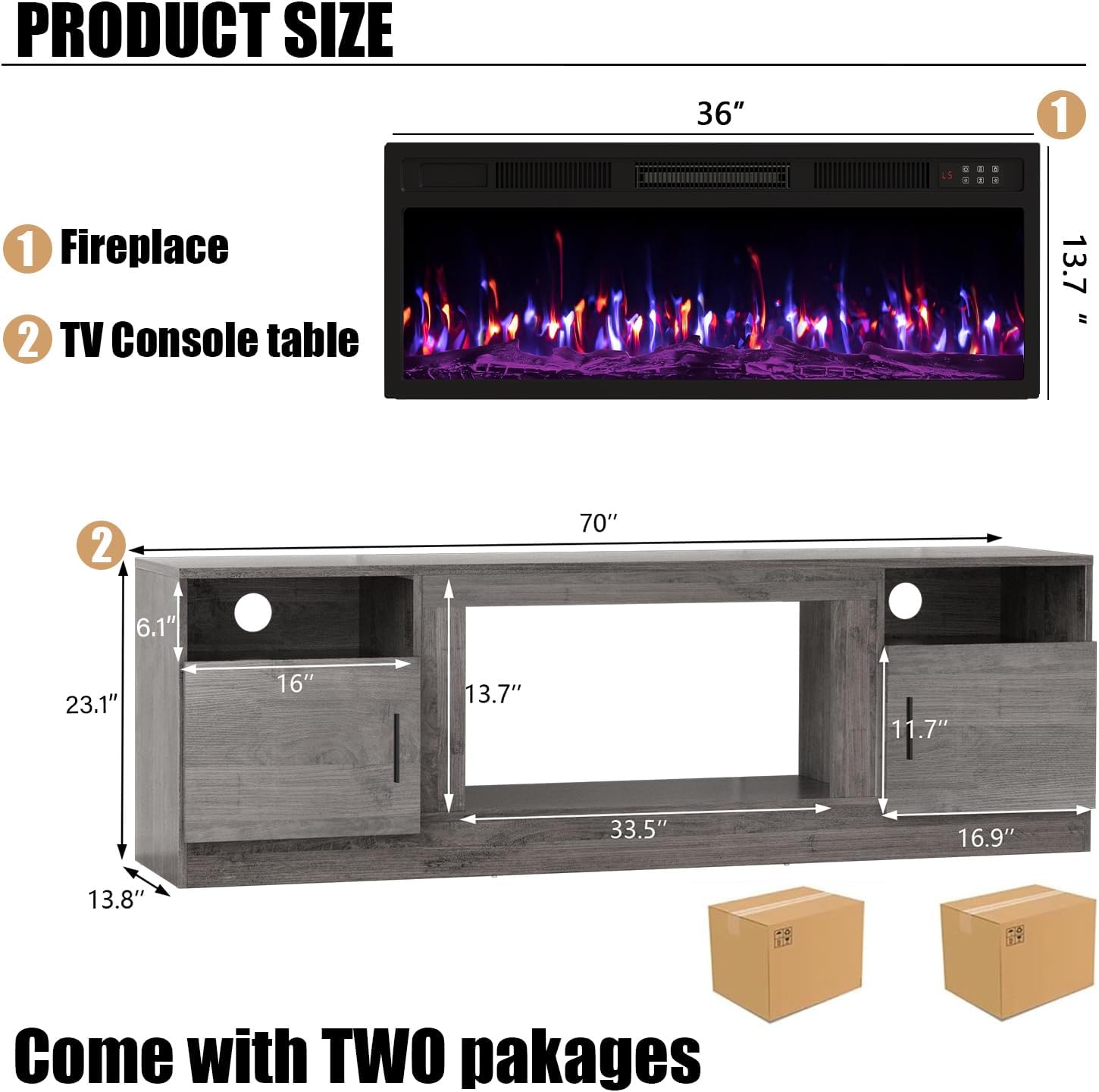 VITESSE TV Stand with 36 inch Electric Fireplace Up to 80 TVs, LED Light Entertainment Center, 70 Modern Wood High Gloss Fireplace with Highlight Storage Cabinet for Living Room (Grey)