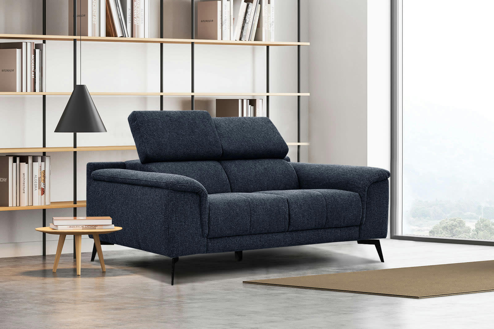 FIERO - Canapé droit 2 places tissu bleu foncé