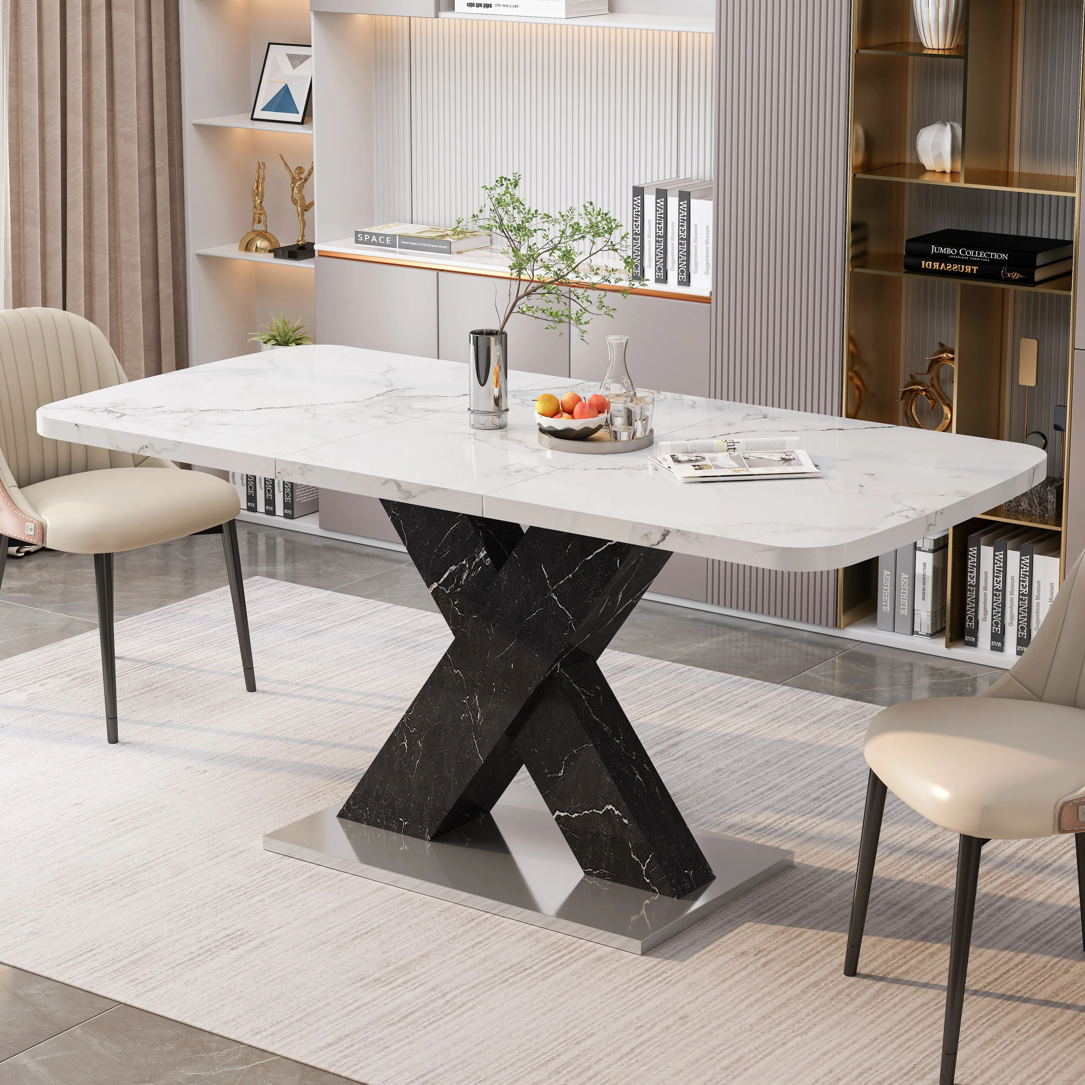 Modern Square Dining Table, Stretchable, with X-Shape Table Leg with Metal Base