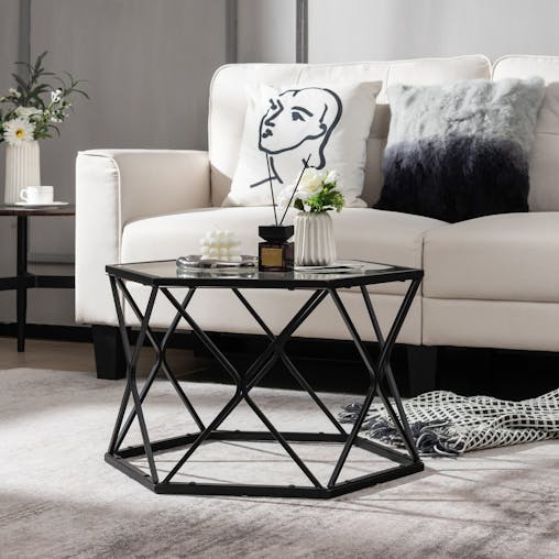 NNECW Geometric Coffee Table with Tempered Glass Top & Metal Legs