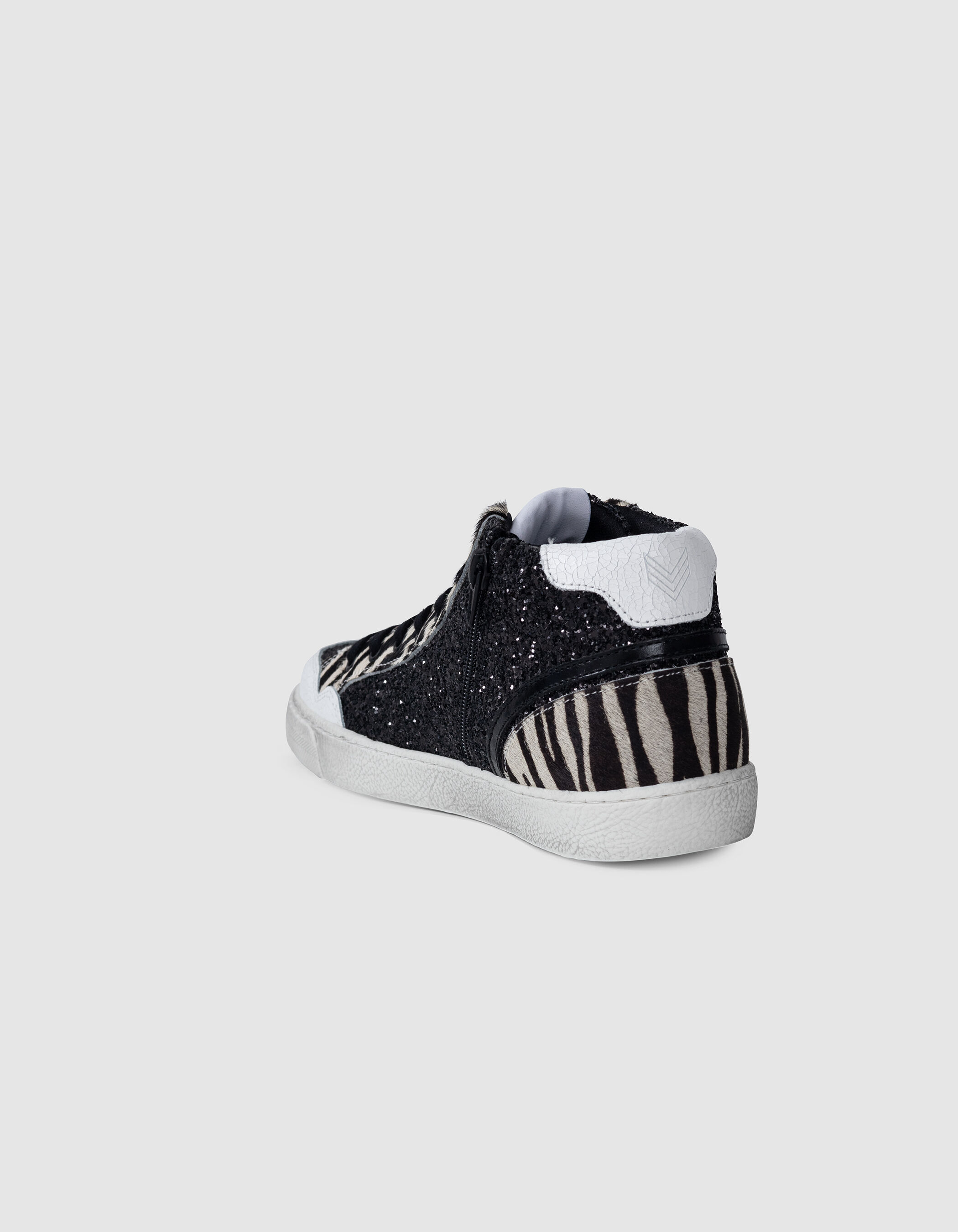 Baskets noires micro sequins et cuir motif zèbre Femme