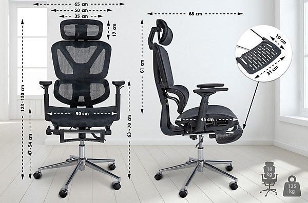 Chaise de Bureau Grover Ergonomique Réglable en Hauteur, Pivotant à 360 degrés, Repose-pieds Extensible, Mesh Respirant Noir