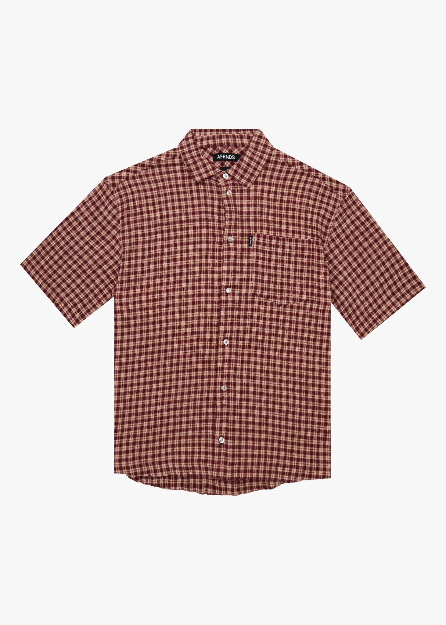 AFENDS Mens Capricorn - Seersucker Short Sleeve Shirt - Burgundy / Beige Check