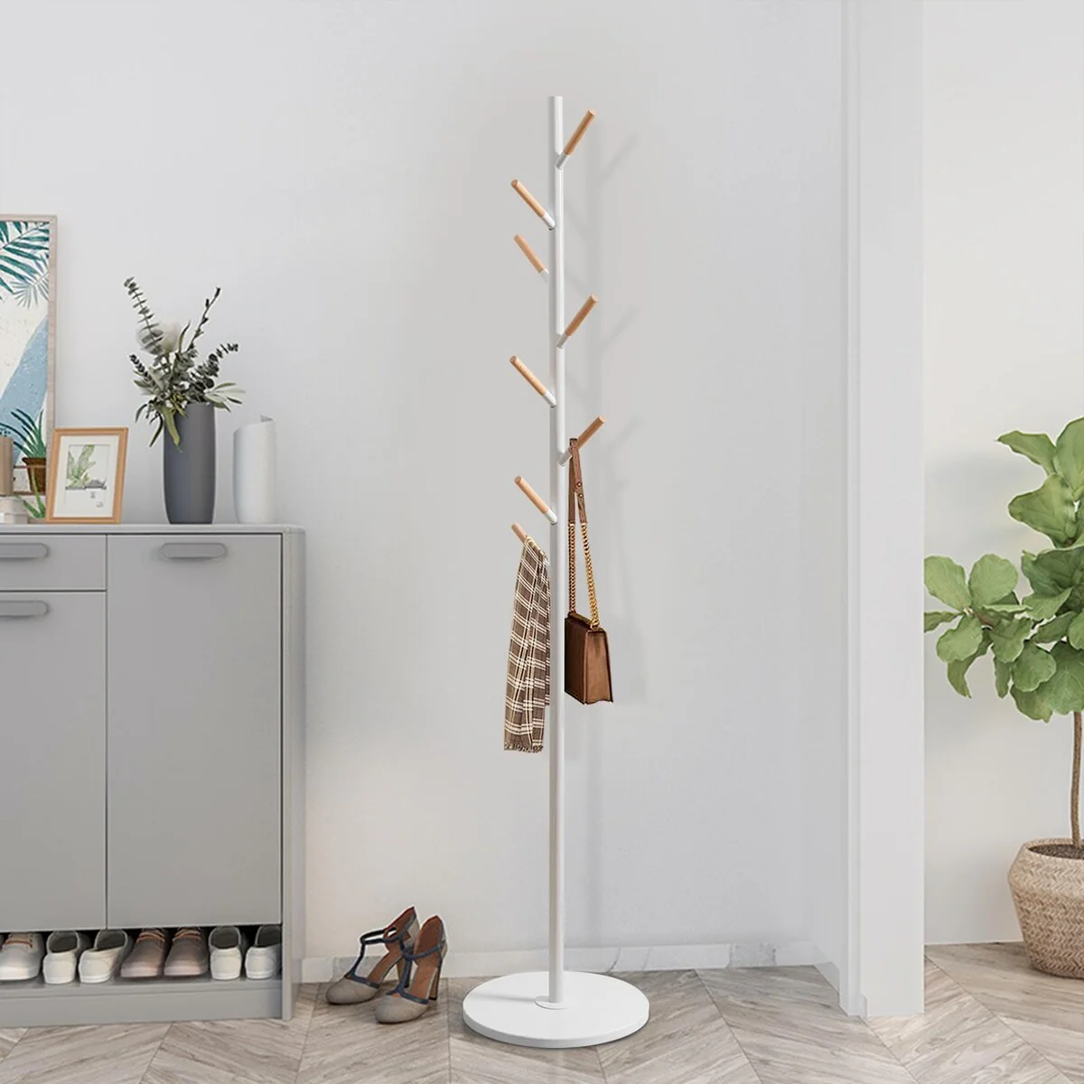 Metal Coat Rack Stand with Marble Base, Coat Rack Freestanding with 8 Wooden Hooks,Easy to Assemble and Sturdy