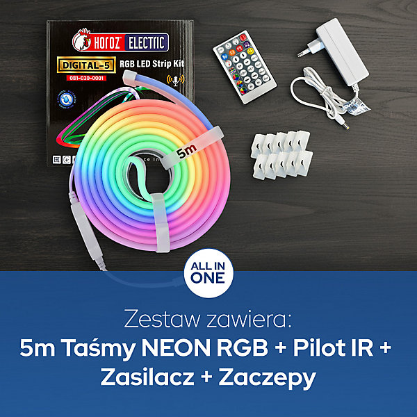 Bande LED RGB néon 12 V 10 W/m 200 lm/m IP65 avec contrôleur alimentation et télécommande rouleau 5 m DIGITAL-5 HOROZ