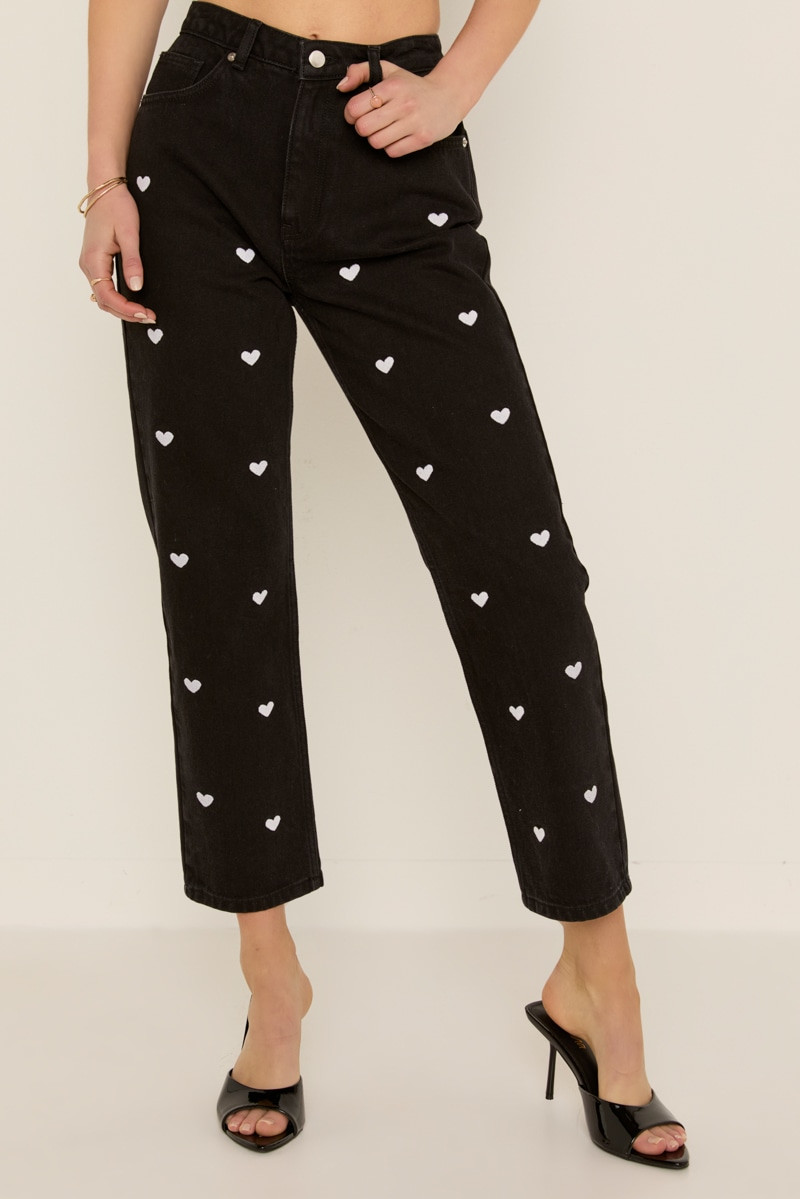 Emily Heart Embroidered Straight Leg Denim Jeans