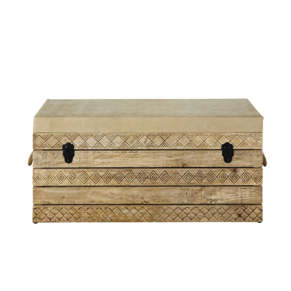 SUMAI - Banquette coffre en bois de manguier et coton beige foncé