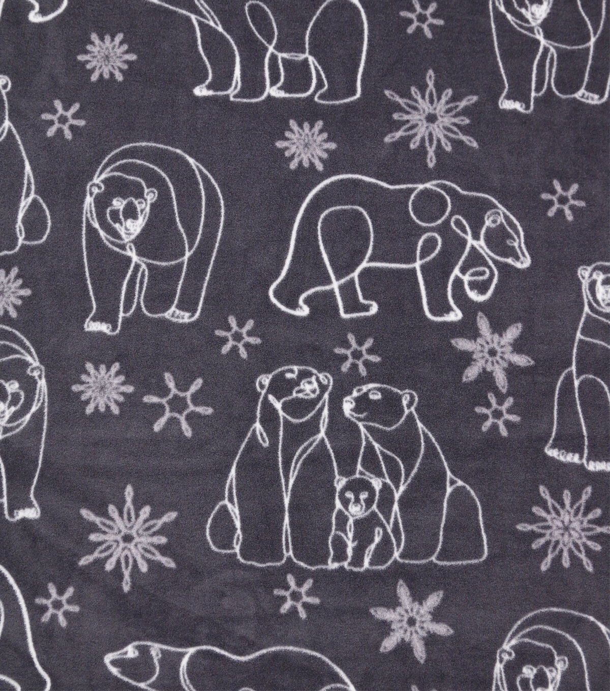 Line Drawn Bears & Snowflakes Gray Anti Pill Fleece Fabric