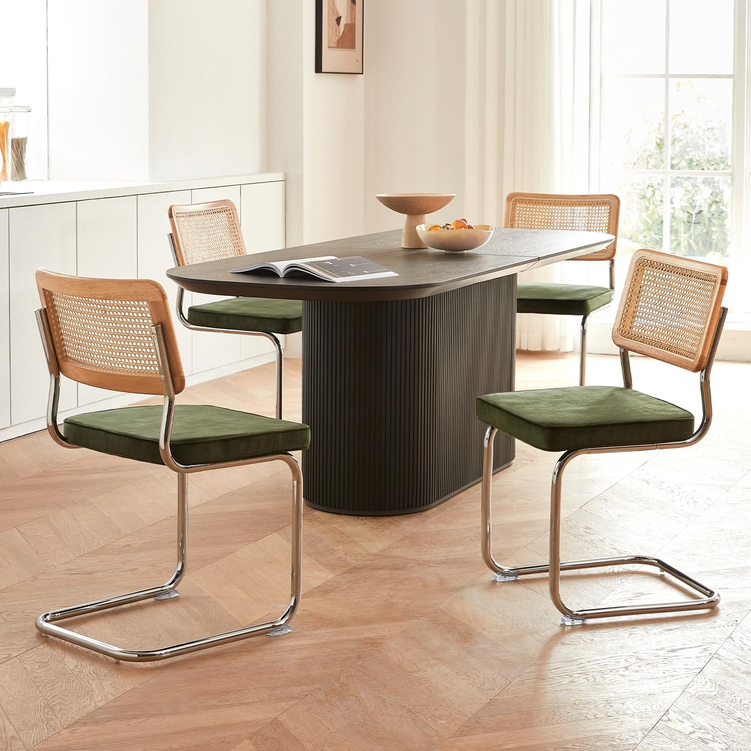 Green Rattan Dining Chairs Set of 4, Wooden Mid Century Modern Dining Room Chairs, Mesh Back Cane Kitchen Chair, Cesca Design Chairs with Metal Chrome Legs