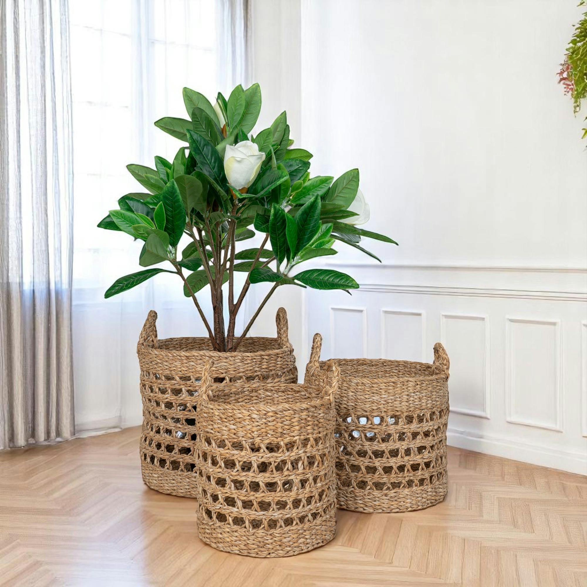 Panier cache-pot rond avec poignées, tressage ajouré (lot de 3)