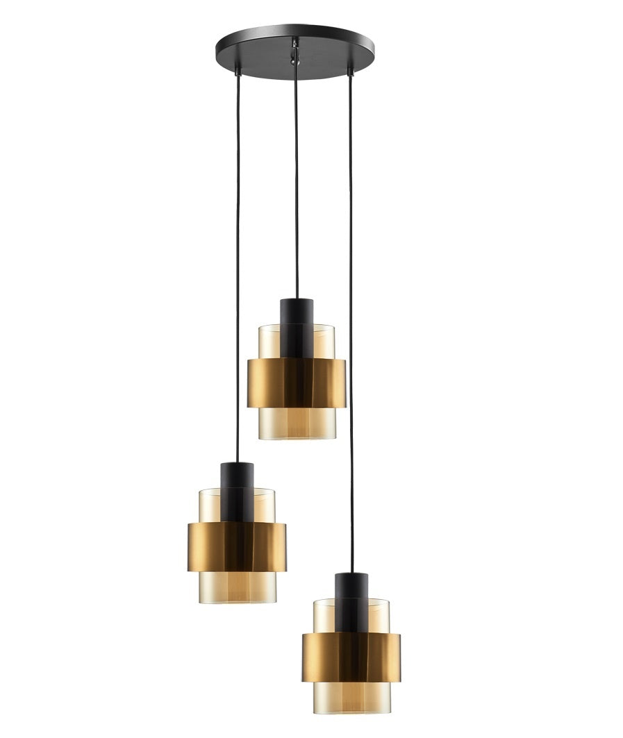 Freelight Freelight Hanglamp Chiasso Zwart Goud & Amber Glas 3 Lichts