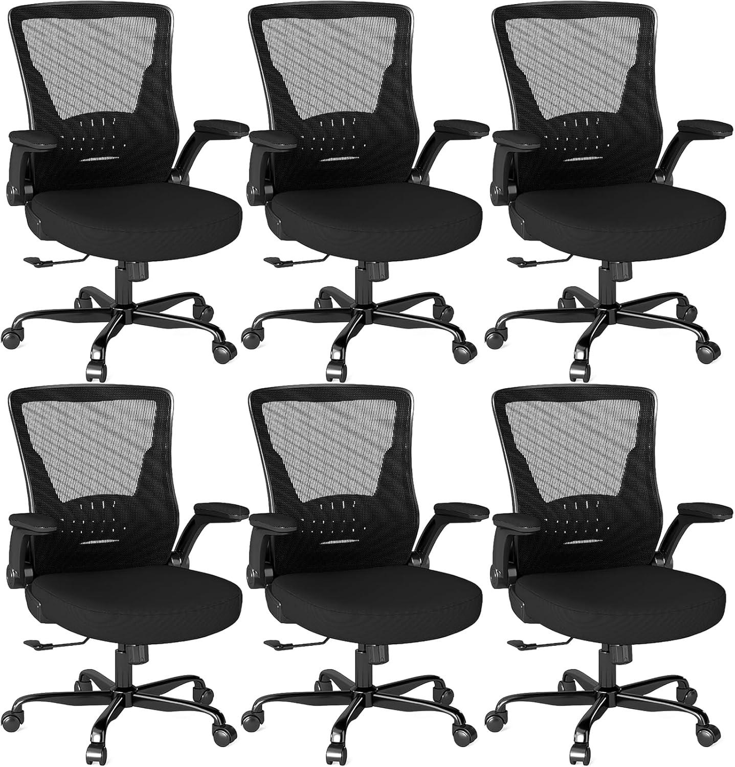 Ergonomic Office Chair, Mesh Desk Chair with Adjustable Height & Flip-Up Armrests, Comfortable Computer Chair for Long Hours, Silent Wheels for Home Office, 6-PCS