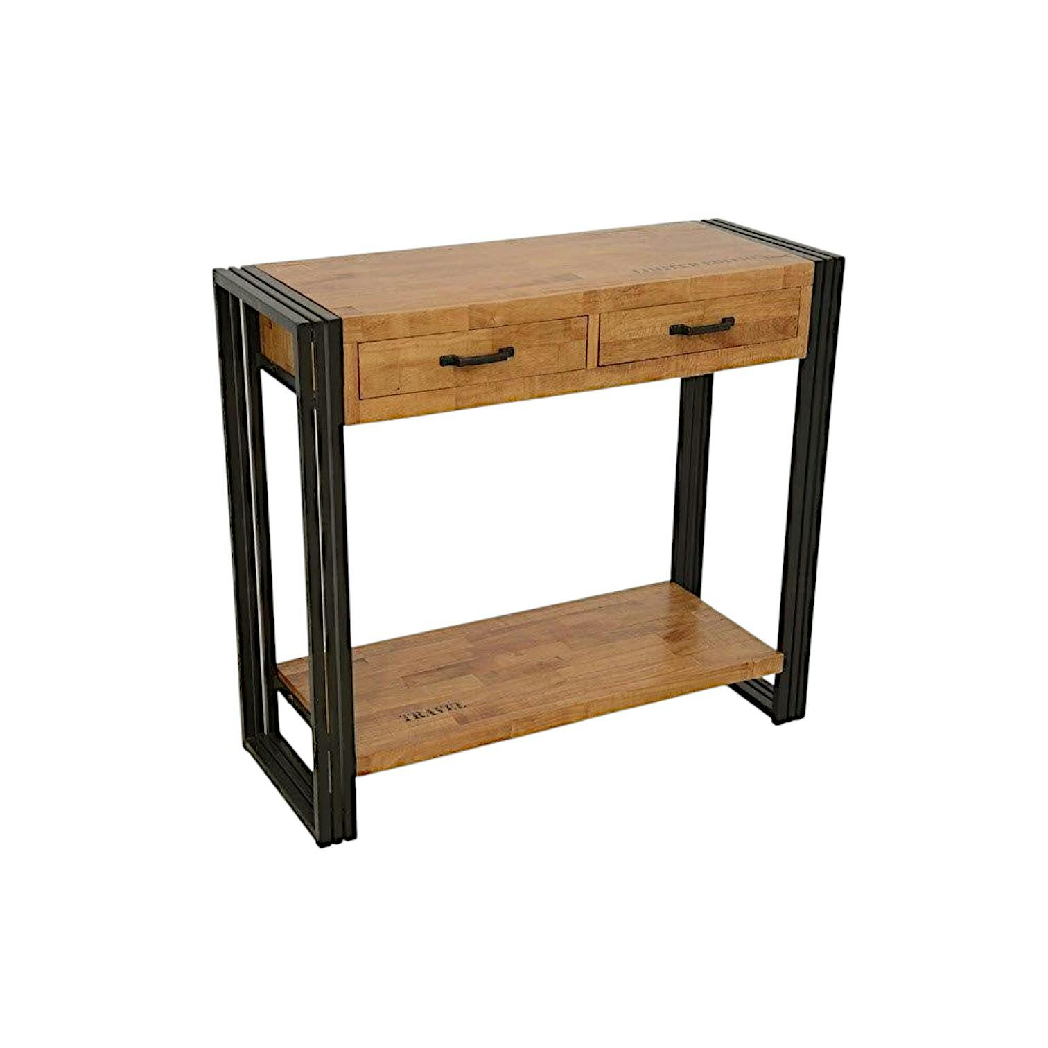 Console hévéa recyclé naturel et métal noirci 2 tiroirs 2 plateaux 90X35X80cm DOCKER
