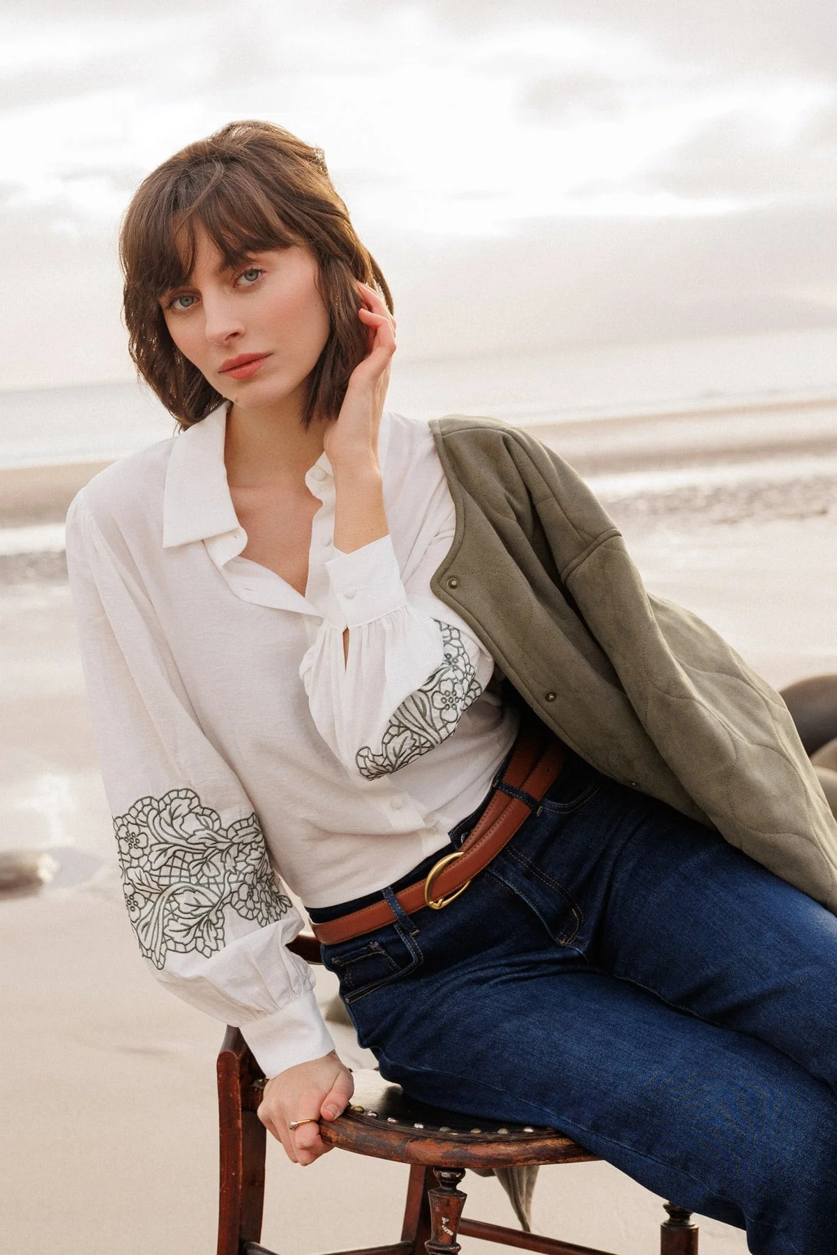 White Long Sleeve Shirt with Khaki Embroidery