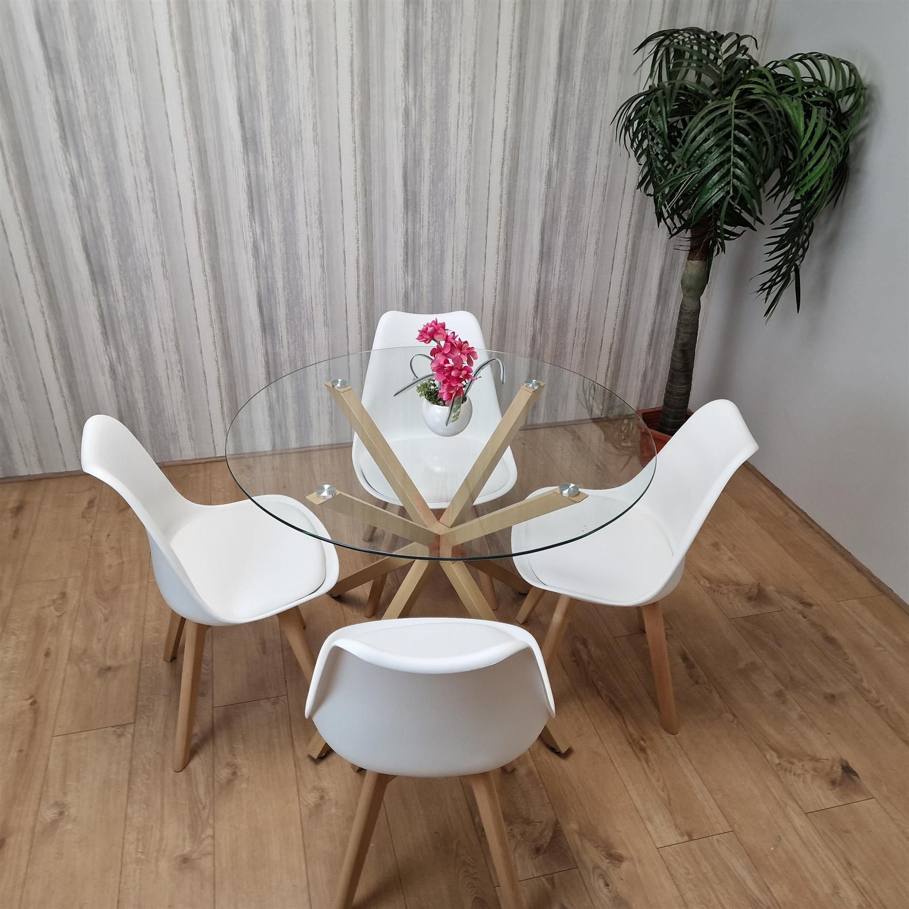 KOSY KOALA Kosy Koala Round Glass Dining Table Set With 4 White Plastic Chairs Dining Room Furniture