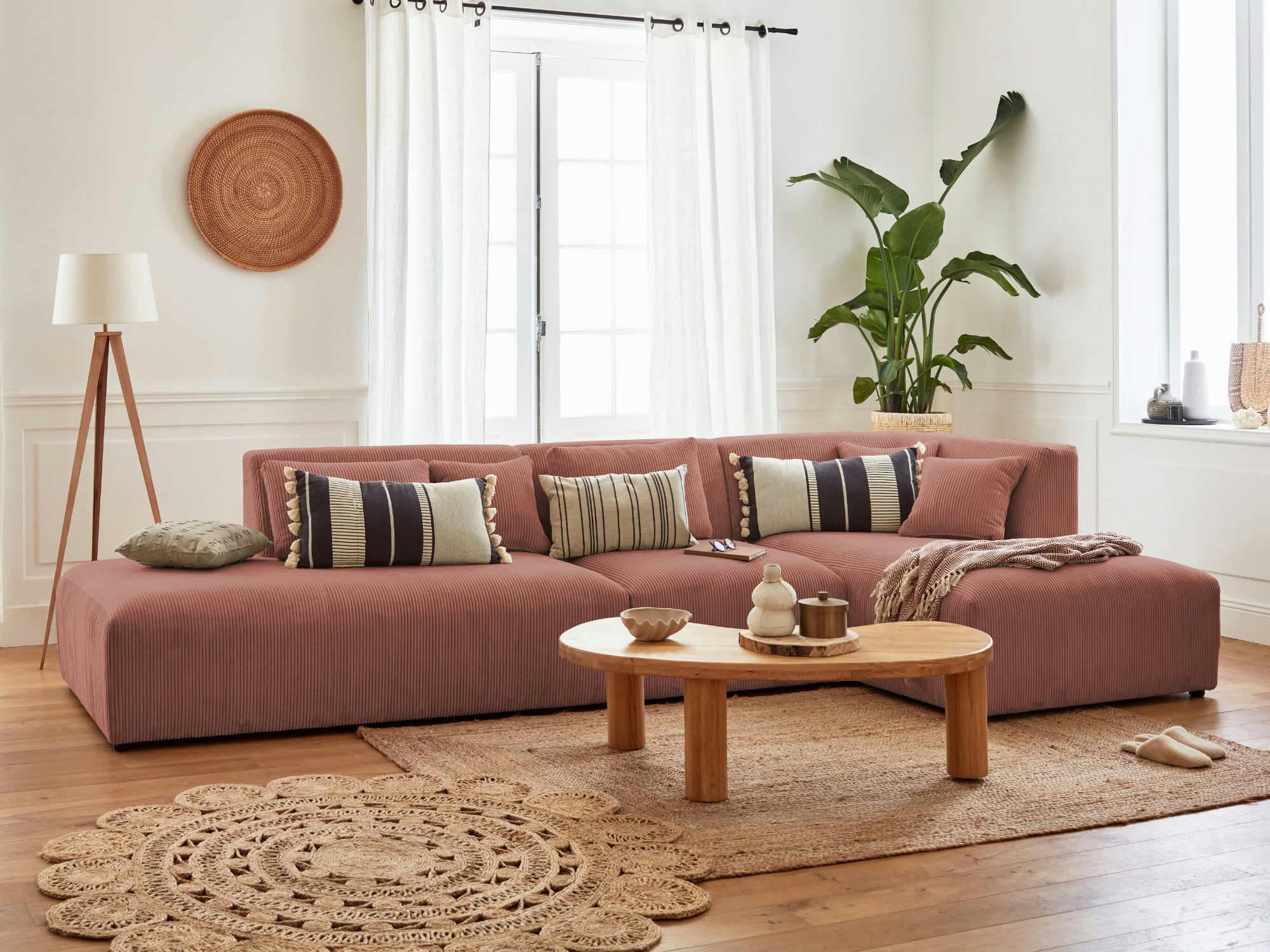 VICTOIRE - Canapé d'angle droit 5 places en velours côtelé rose