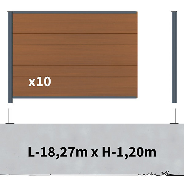 Kit Clôture Composite sur Muret CRUZ Teck 18x1,2m - Bois composite &Aluminium - Poteaux sur Platines Gris - Brise vue