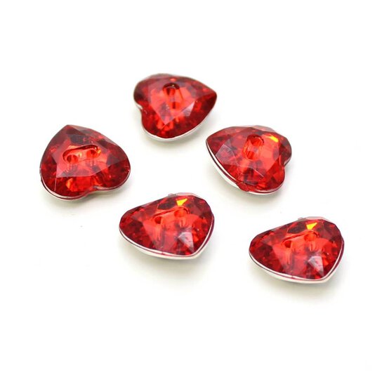Hemline Red Crystal Heart Shaped Buttons 5 Pack