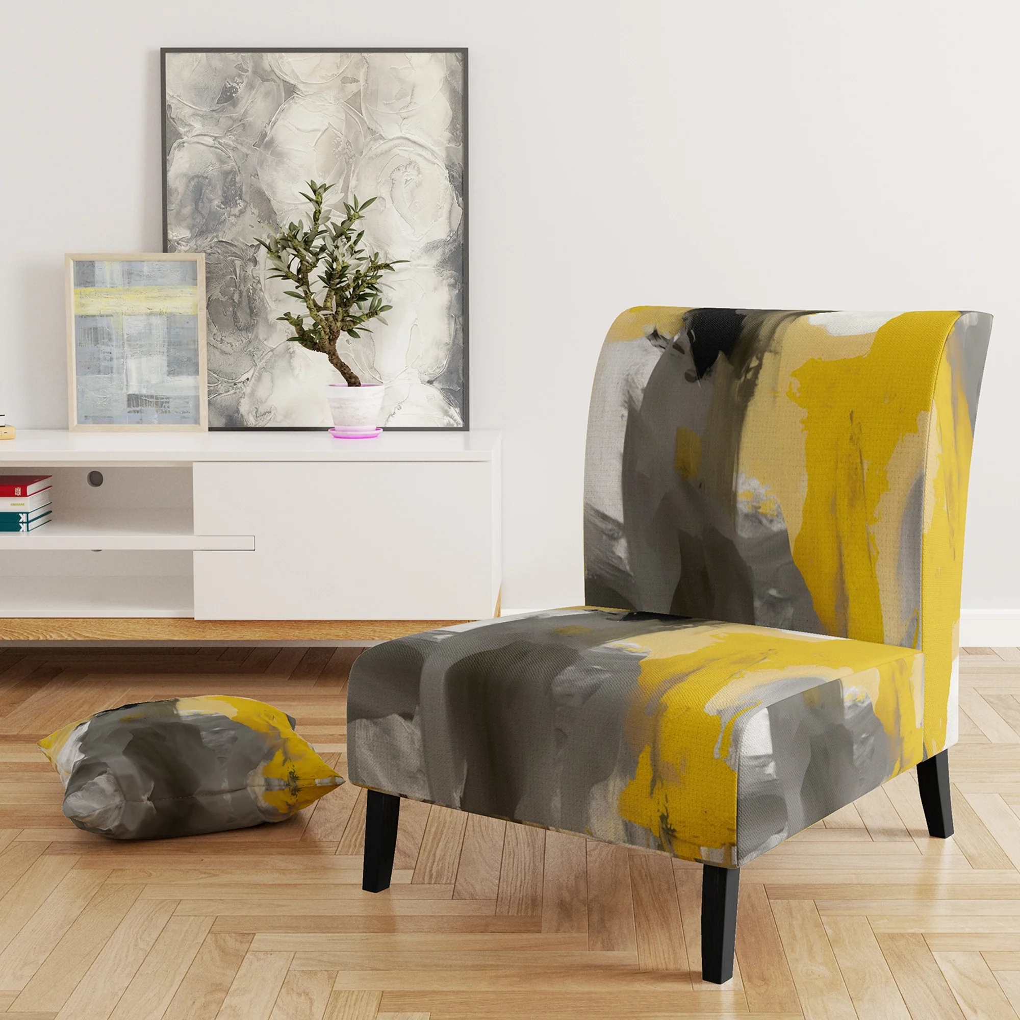 Designart Mustard Yellow And Vivid Gray II Upholstered Abstract Accent Chair and Modern & Contemporary Arm Chair
