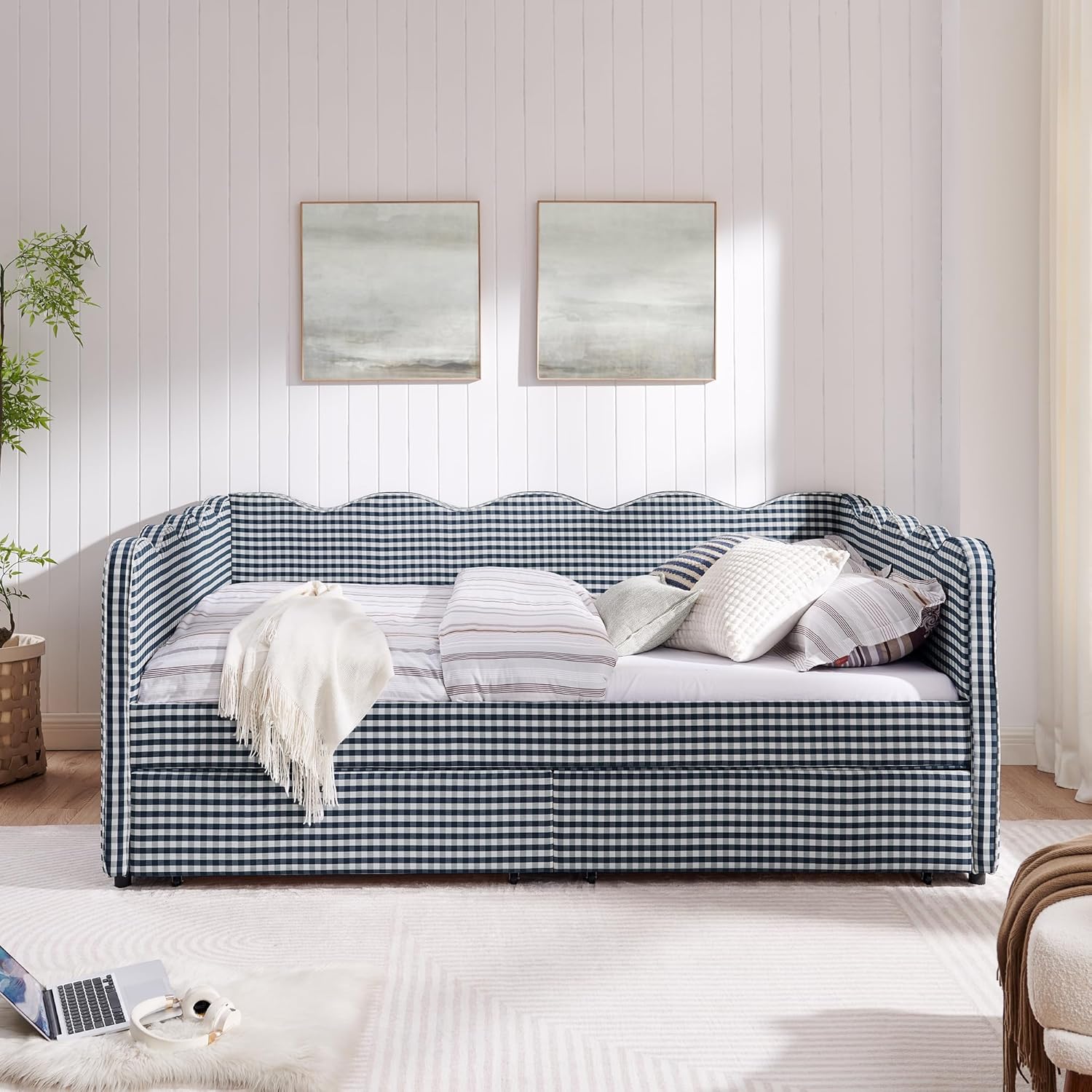 DEINPPA Queen Size Upholstered Daybed with 2 Storage Drawers, Gingham Daybed with USB Ports for Bedroom Living Room Guest Room-Navy