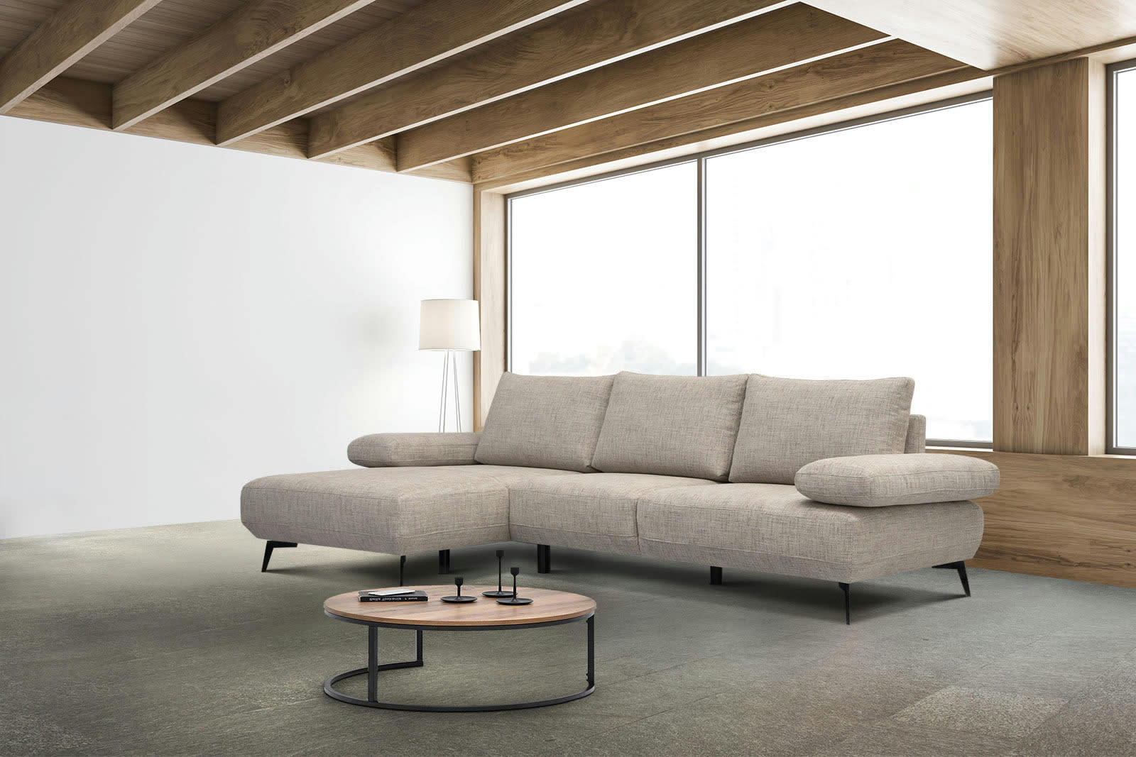 MELLO - Canapé d'angle gauche 4 places tissu rose pâle